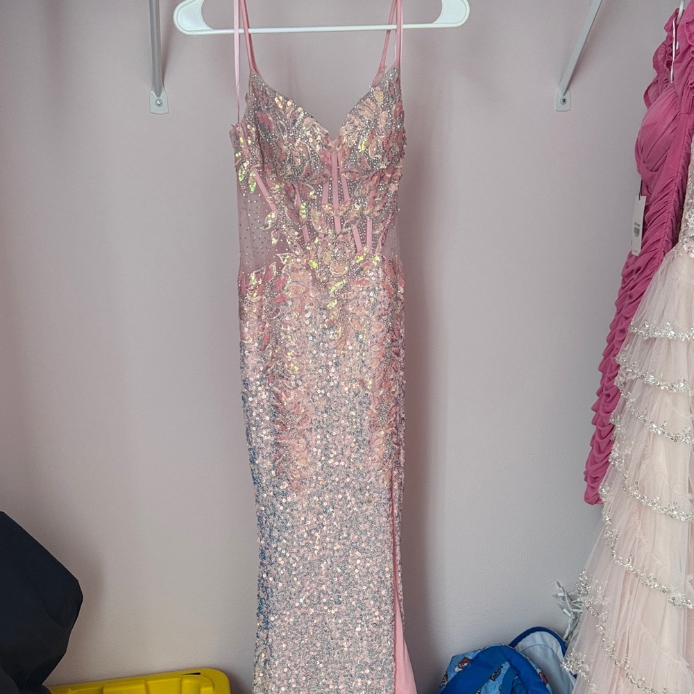 Pink Sequin Gown with Spaghetti Straps